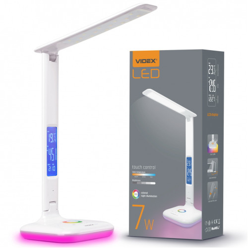 Светодиодная настольная лампа VIDEX VL-TF05W-RGB 7W 3000-5500K 220V с регулировкой температуры света, разноцветным ночником, термометром, часами, календарем и будильником