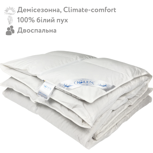 Демисезонное одеяло со 100% белым гусиным пухом двуспальное IGLEN Climate-comfort 220х240 (220240110W)