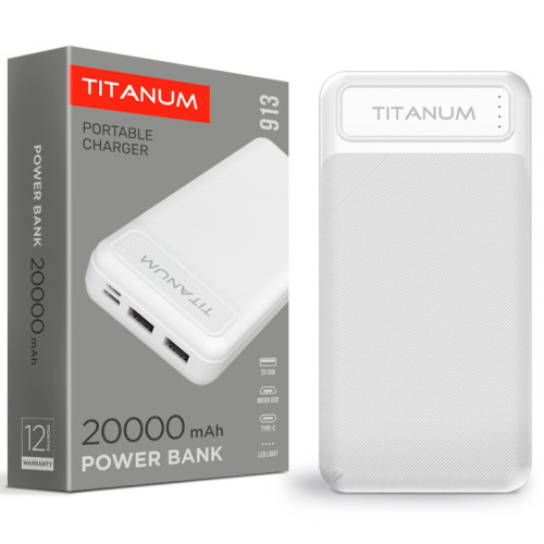 Повербанк TITANUM TPB-913-W 20000mAh Micro USB, Type-C, 2USB White 