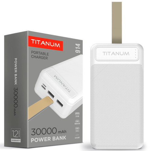 Повербанк TITANUM TPB-914-W 30000mAh Micro USB, Type-C, 2USB White 
