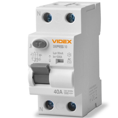 Устройство защитного отключения (УЗО) VIDEX RESIST АС 2п 30мА 10кА 40А (VF-RS10-DR2AC40)