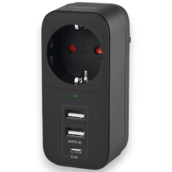 Сетевой адаптер с 2USB + USB-C и заземлением VIDEX ONCORD VF-AD1G2U1C-B Black