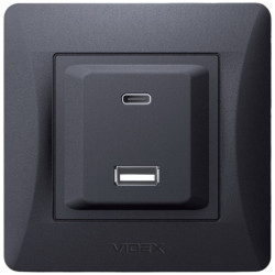 Розетка VIDEX BINERA USB-A + USB-C PD20W, быстрая зарядка, 2 порта, черная (VF-BNCHRUC20-BG)