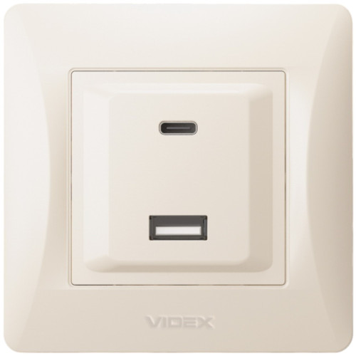 Розетка VIDEX BINERA USB-A + USB-C PD20W, быстрая зарядка, 2 порта, кремовая (VF-BNCHRUC20-CR)