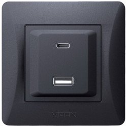Розетка VIDEX BINERA USB-A + USB-C PD20W, быстрая зарядка, 2 порта, черная (VF-BNCHRUC20-BG)