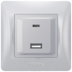 Розетка VIDEX BINERA USB-A + USB-C PD20W, быстрая зарядка, 2 порта, серебряный шелк (VF-BNCHRUC20-SS)